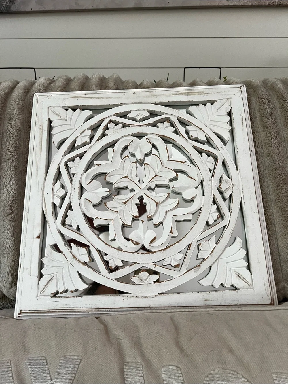 White Carved Wood Mandala Wall Panel with mirror- Decorative Home Wall Decor